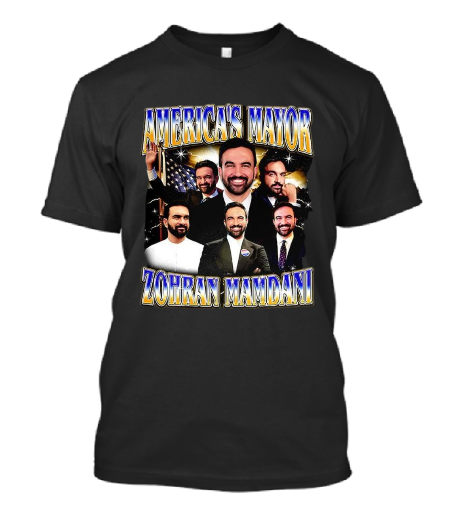 America's Mayor Zohran Mamdani Multiple Portraits With American Flag T-Shirt