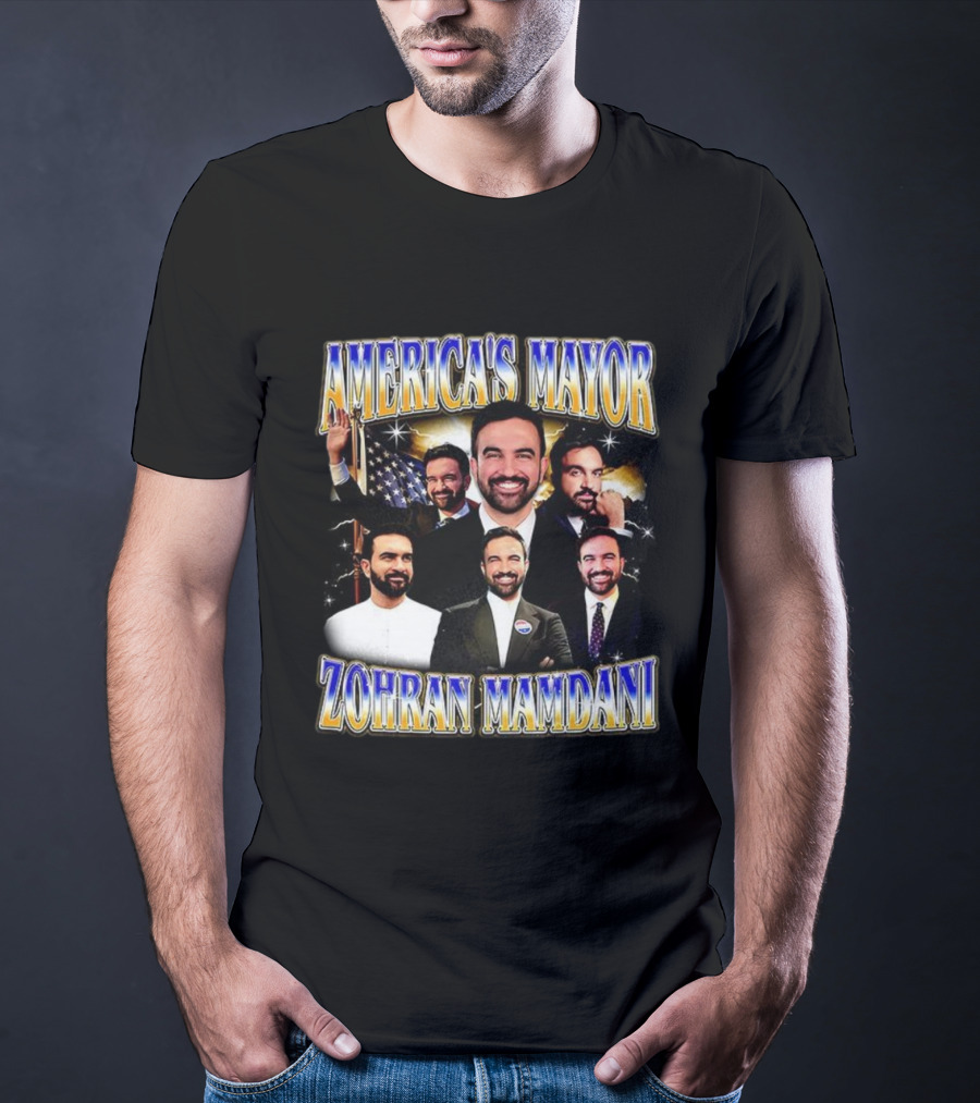 America's Mayor Zohran Mamdani Multiple Portraits With American Flag T-Shirt