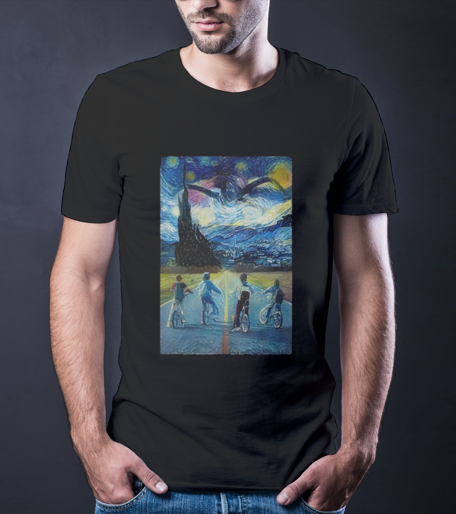 Starry Night Stranger Things Kids On Bikes Van Gogh Style T-Shirt
