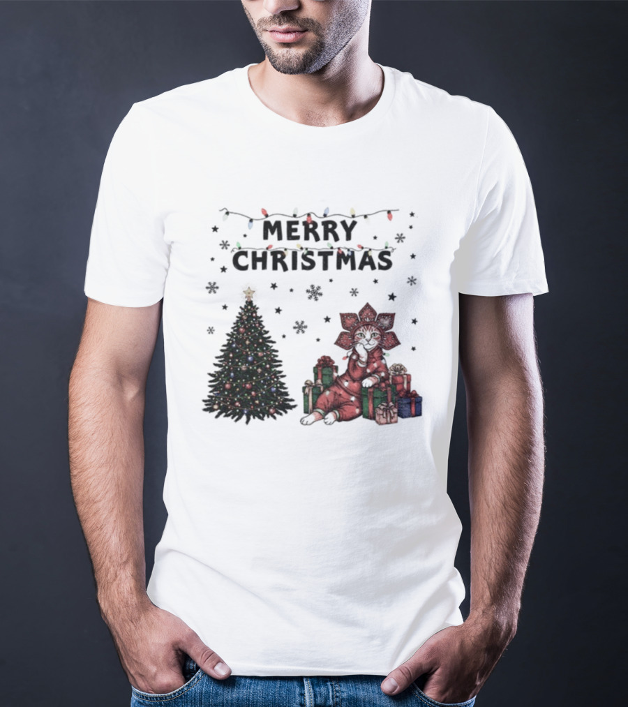 Cute Cat With Gifts Christmas Tree Lights Merry Christmas T-Shirt