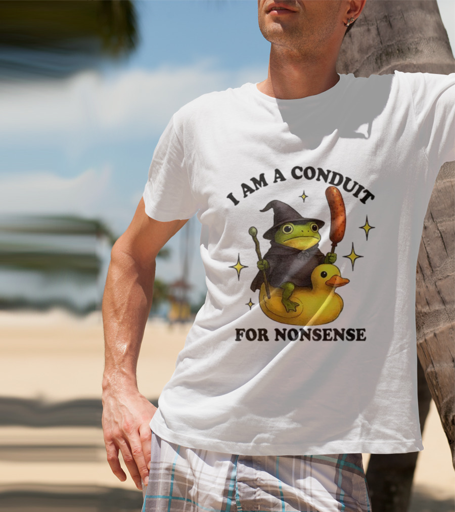I Am A Conduit For Nonsense Frog On Rubber Duck With Wizard Hat And Sausage Wand T-Shirt