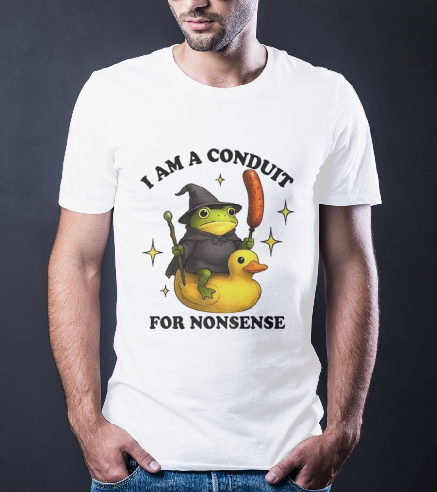 I Am A Conduit For Nonsense Frog On Rubber Duck With Wizard Hat And Sausage Wand T-Shirt