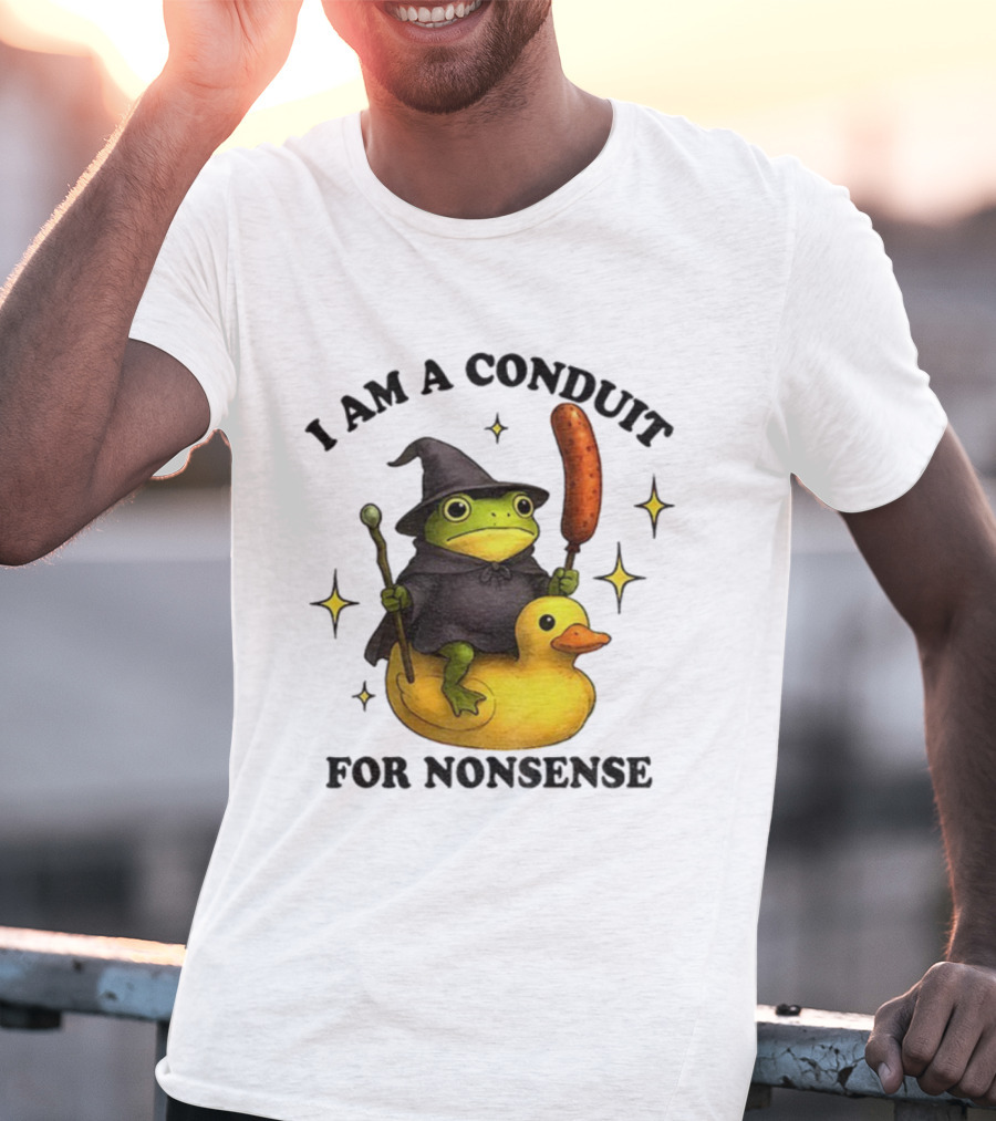 I Am A Conduit For Nonsense Frog On Rubber Duck With Wizard Hat And Sausage Wand T-Shirt