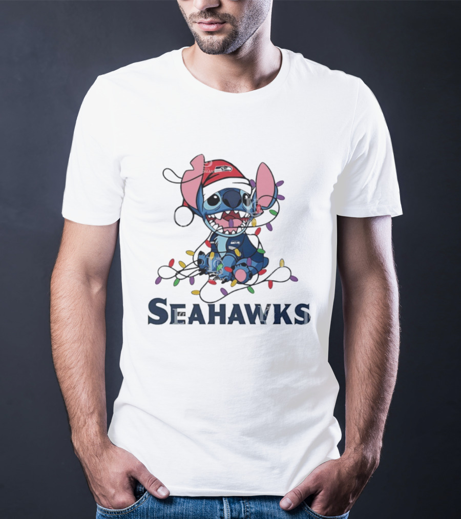 Seattle Seahawks Stitch Christmas Lights T-Shirt