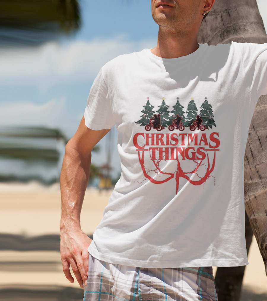 Stranger Things Christmas Christmas Things Merry Christmas Trees And Bicycles T-Shirt