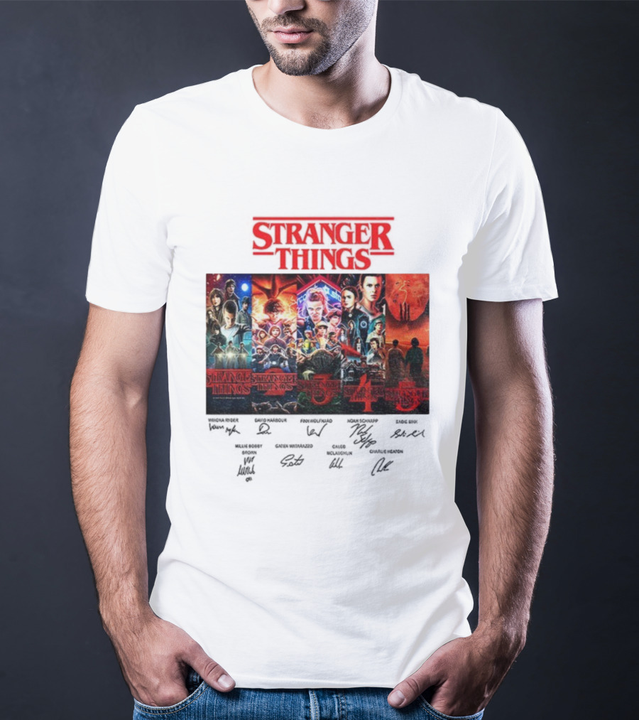 Stranger Things Seasons 1-5 Collage With Cast Signatures And Retro Logo T-Shirt