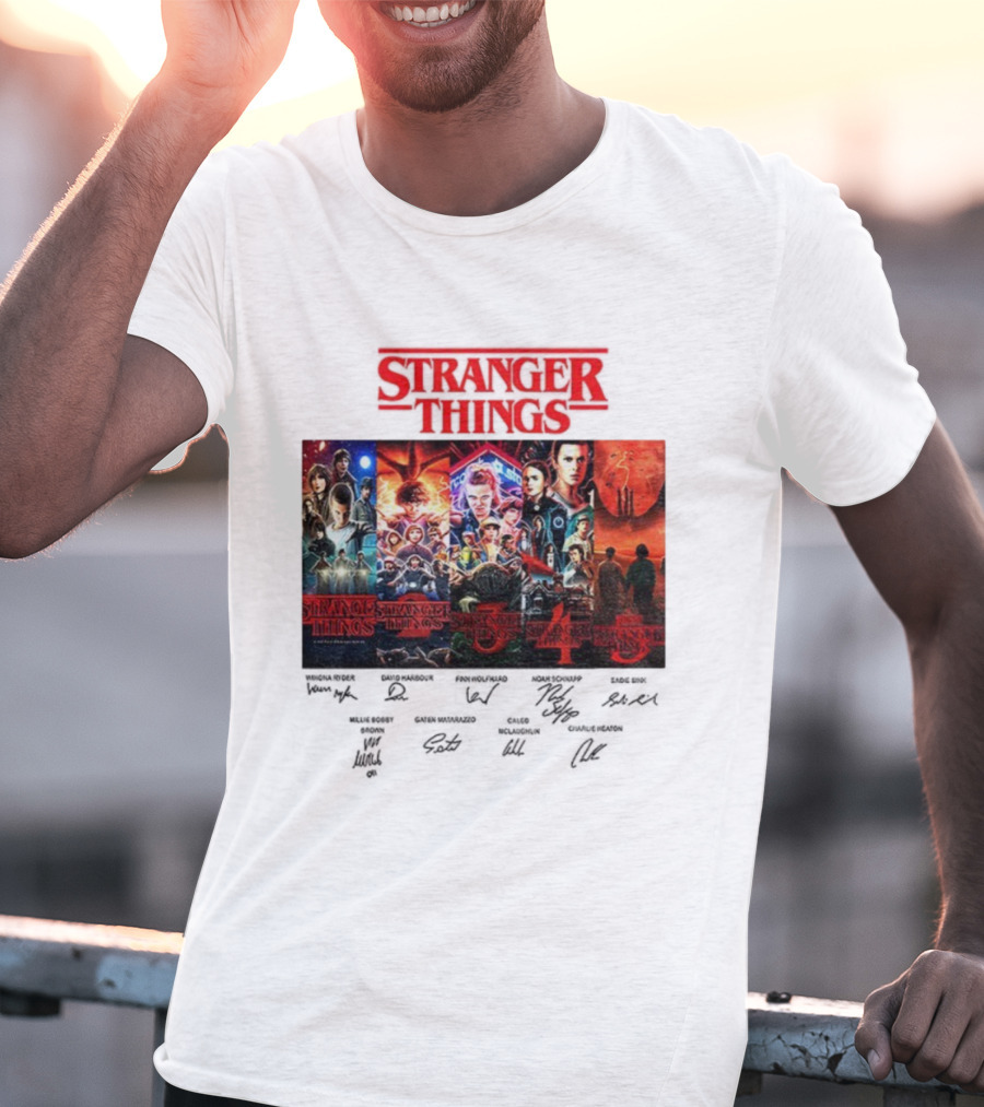Stranger Things Seasons 1-5 Collage With Cast Signatures And Retro Logo T-Shirt