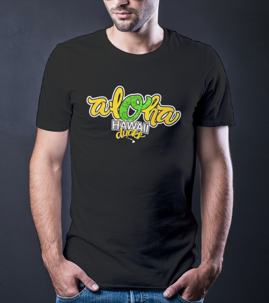 Aloha Hawaii Ducks Text On Green And Yellow T-Shirt