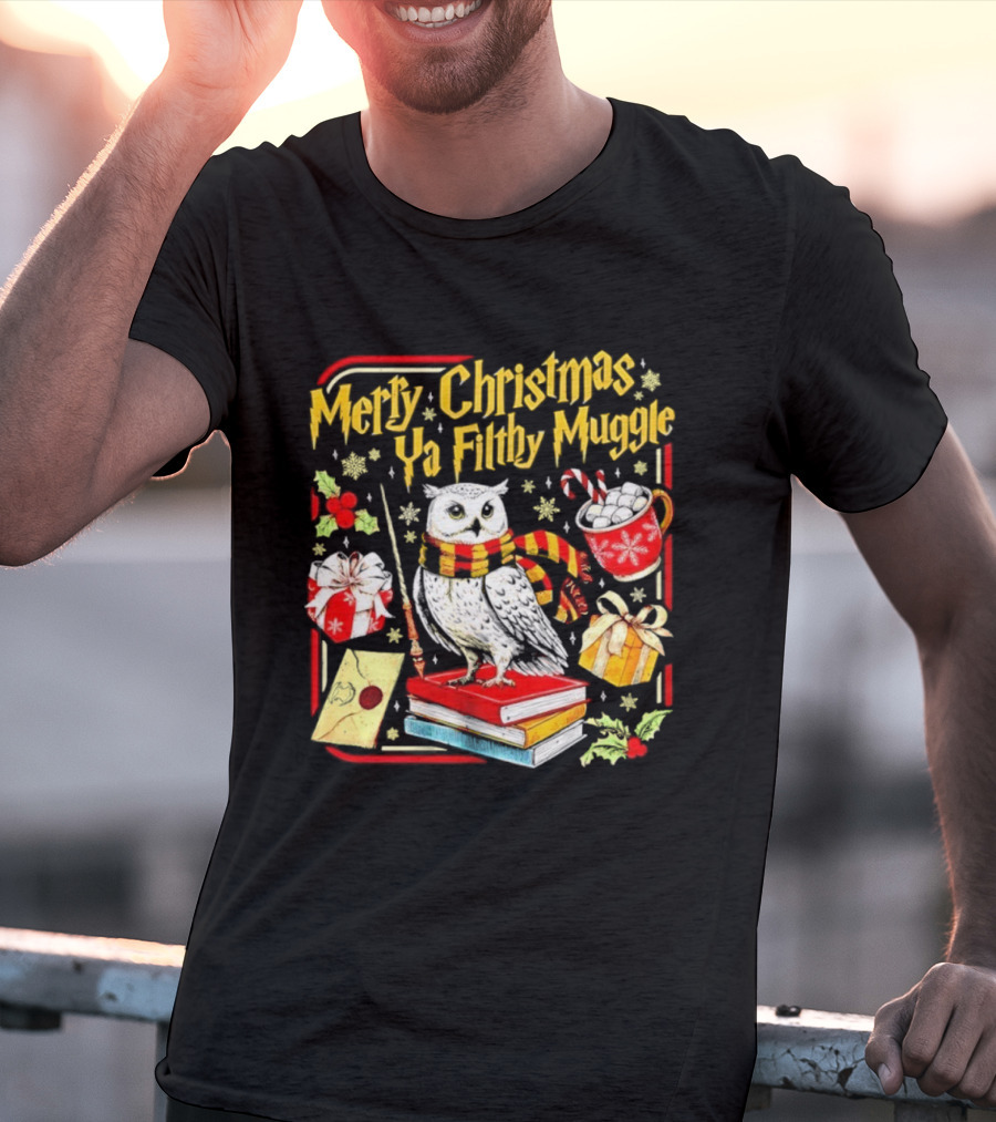 Merry Christmas Ya Filthy Gle Hedwig Owl Scarf Books Wand Letter Candy Cane Cup Gift T-Shirt