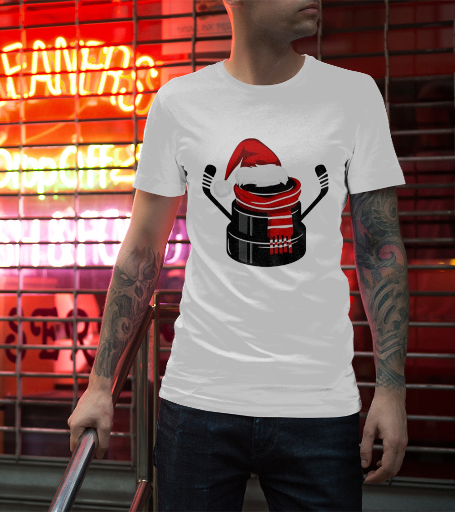Hockey Puck Santa Hat Merry Christmas Festive Holiday T-Shirt