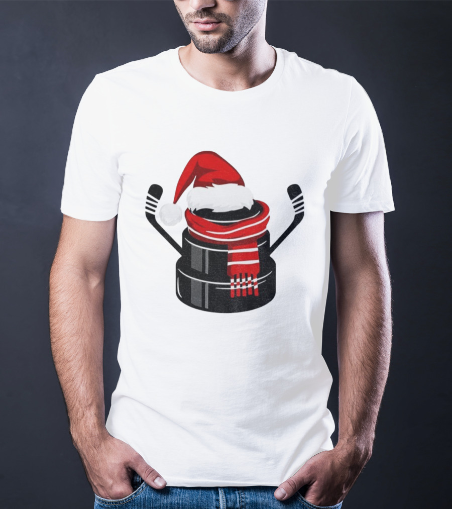 Hockey Puck Santa Hat Merry Christmas Festive Holiday T-Shirt