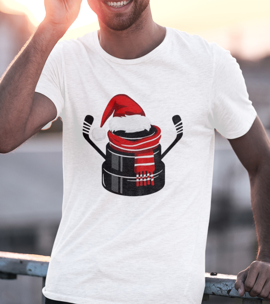 Hockey Puck Santa Hat Merry Christmas Festive Holiday T-Shirt