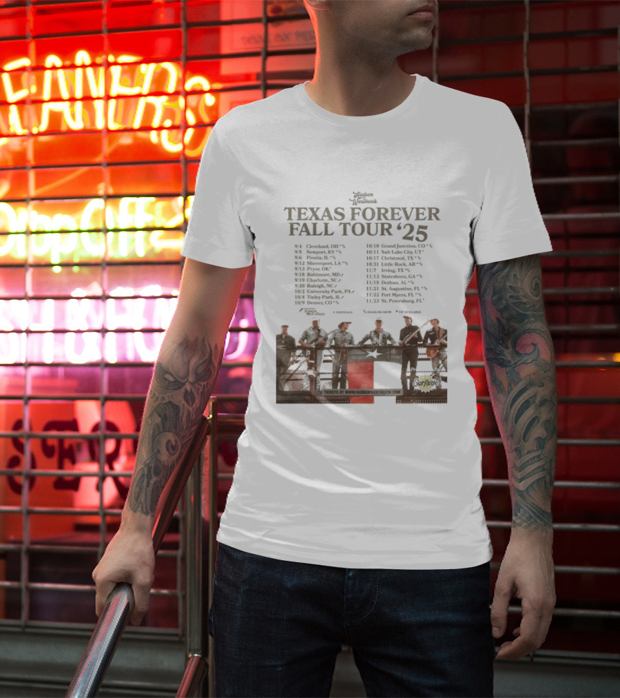 Hudson Westbrook Texas Forever Fall Tour '25 Dates With Texas Flag And Cowboy Band Imagery T-Shirt
