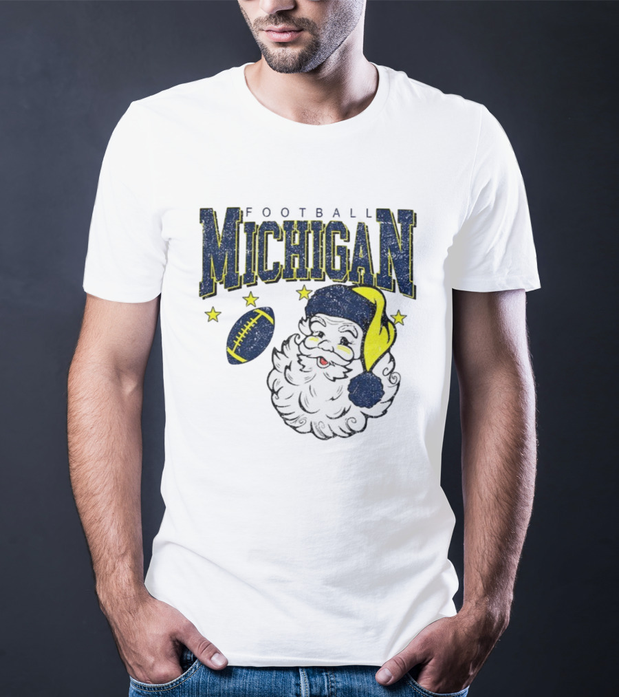 Michigan Wolverines Football Christmas Santa With Stars And Football Design T-Shirt