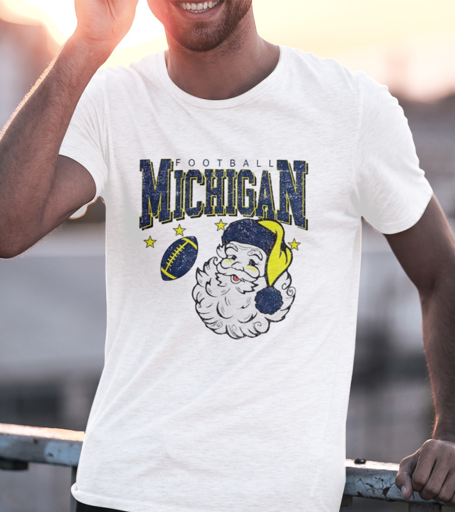 Michigan Wolverines Football Christmas Santa With Stars And Football Design T-Shirt