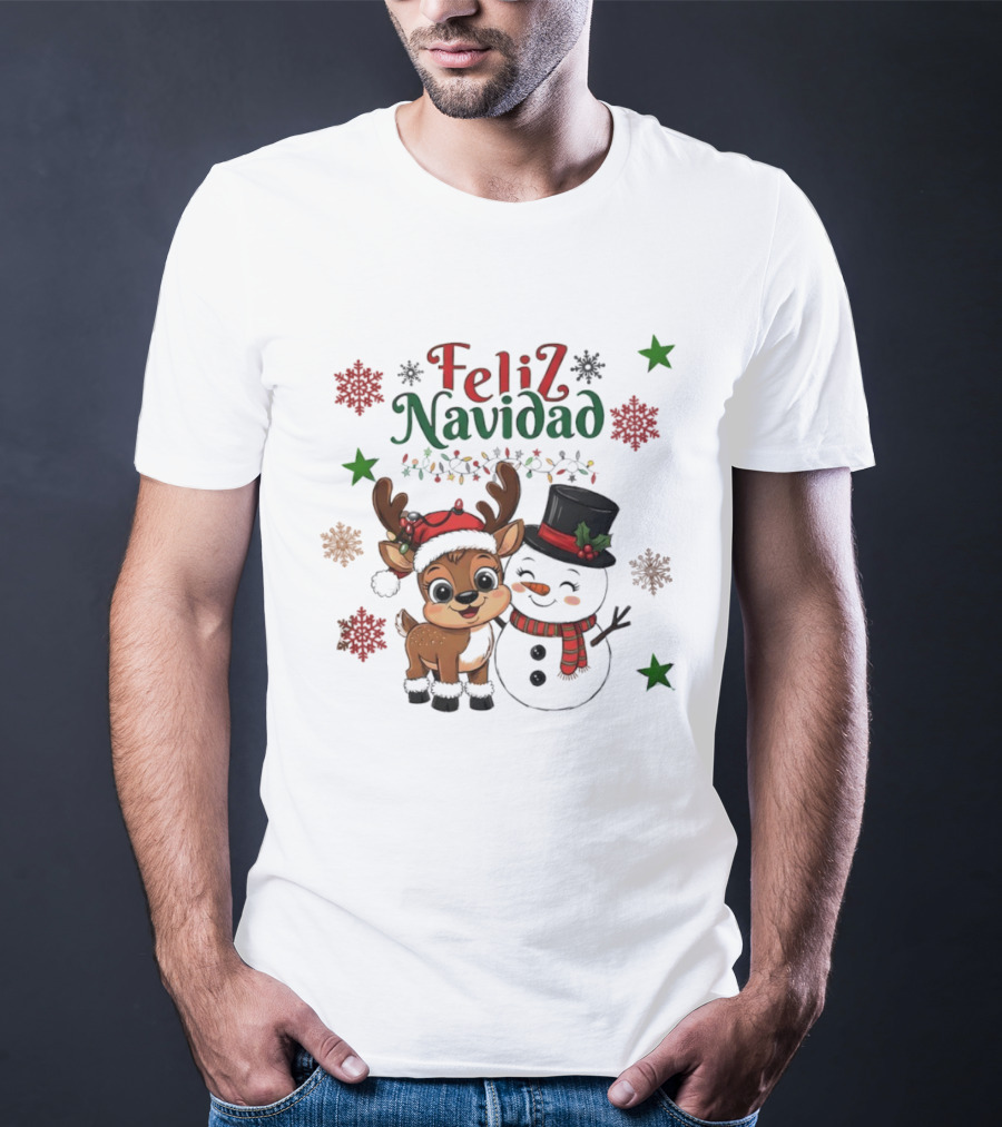 Feliz Navidad Christmas Reindeer And Snowman Holiday Theme T-Shirt