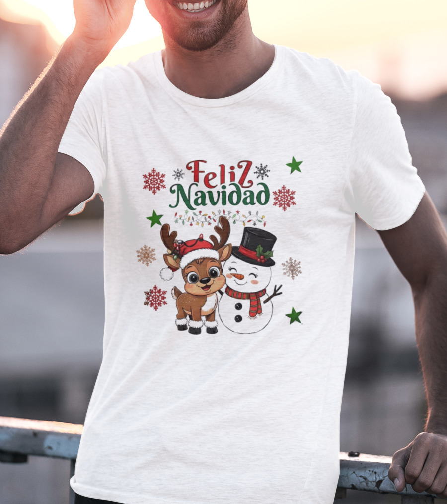 Feliz Navidad Christmas Reindeer And Snowman Holiday Theme T-Shirt