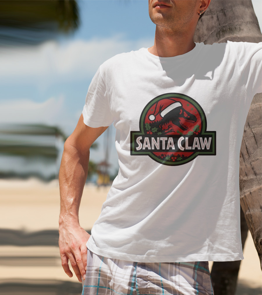 Santa Claw Christmas Dinosaur Jurassic Park Santa Hat Holiday T-Shirt