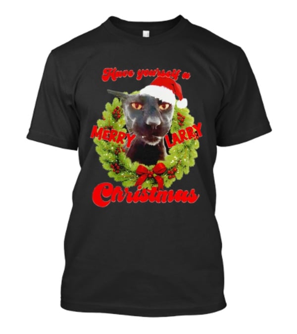 Merry Larry Christmas Black Cat Wreath Santa Hat T-Shirt