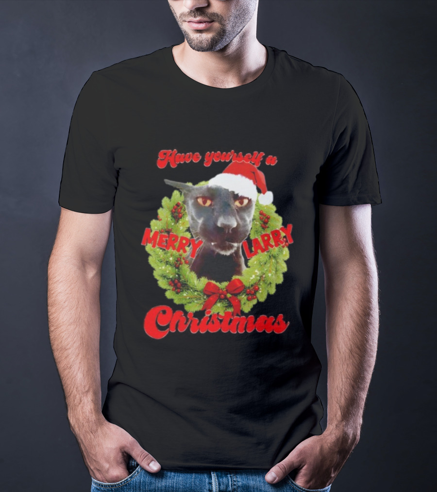 Merry Larry Christmas Black Cat Wreath Santa Hat T-Shirt