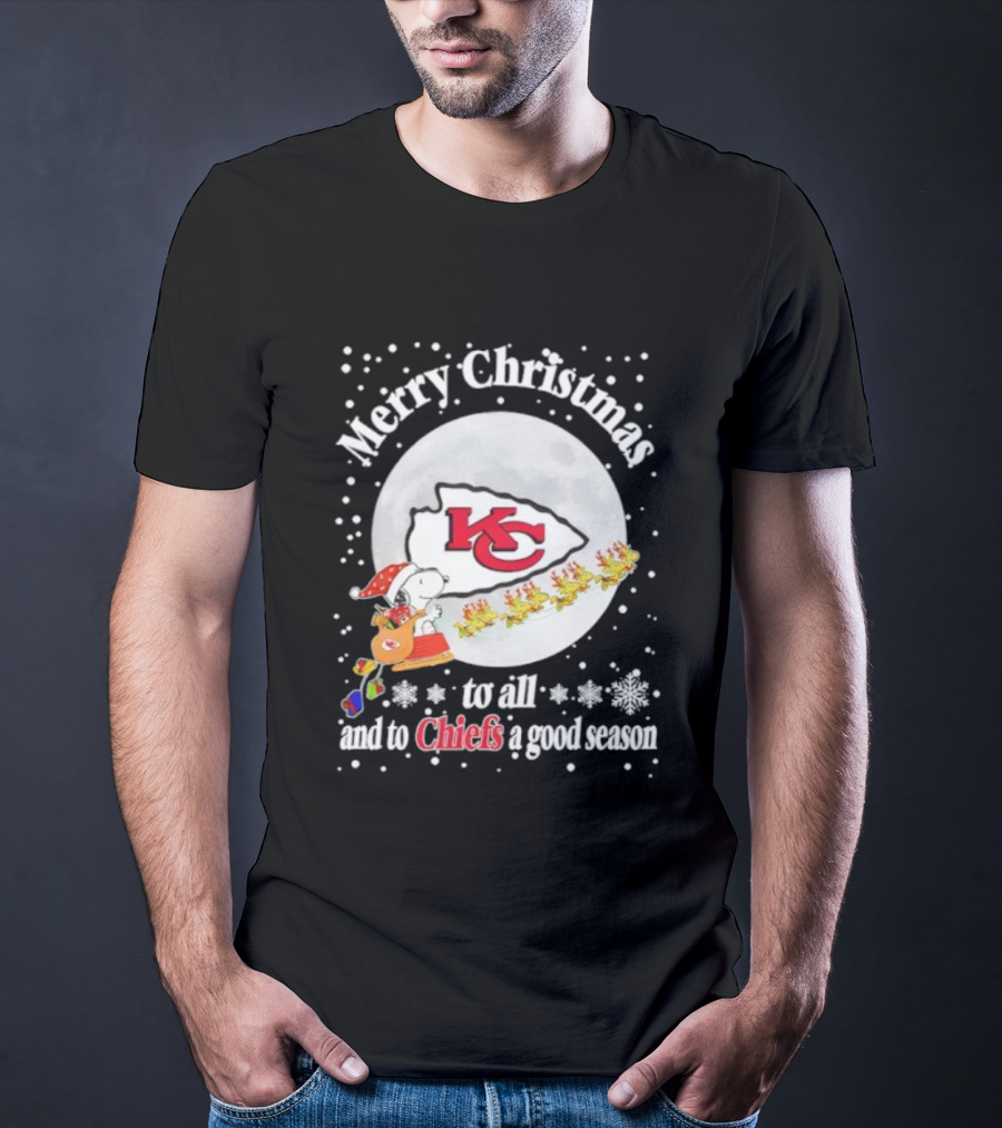 Merry Christmas Kansas City Chiefs To All And To Chiefs A Good Season Snoopy Santa Reindeer Sleigh T-Shirt