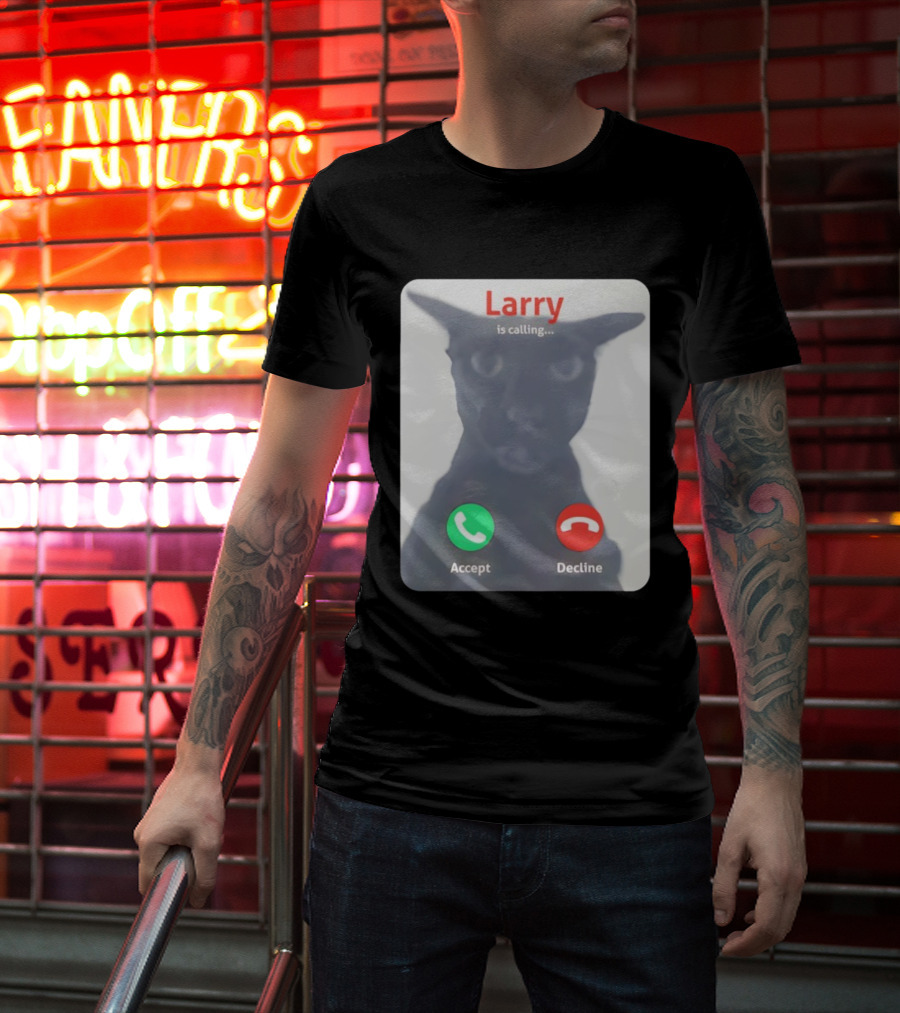 Larry Is Calling Accept Decline Black Cat Face Meme T-Shirt