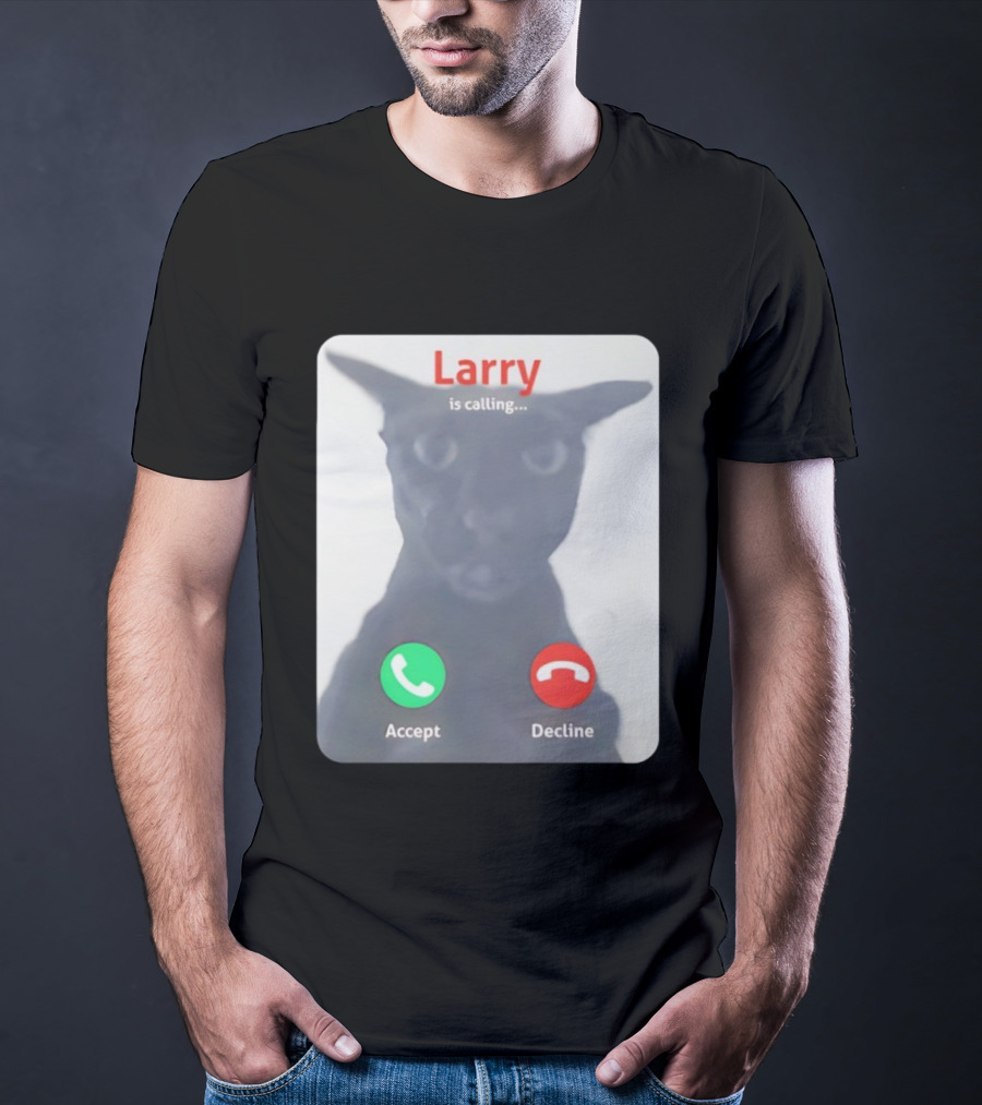 Larry Is Calling Accept Decline Black Cat Face Meme T-Shirt