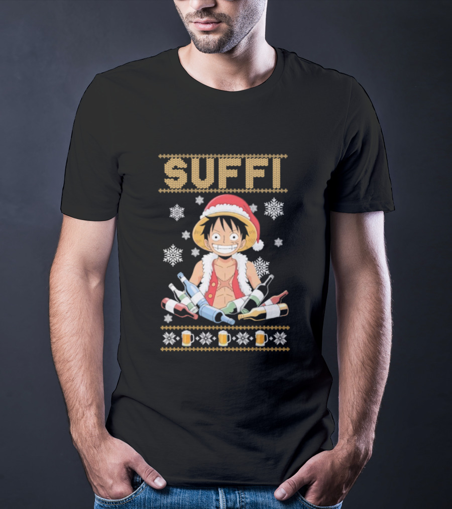 Monkey D. Luffy One Piece Suffi Christmas Santa Hat Beer Bottles Snowflakes T-Shirt