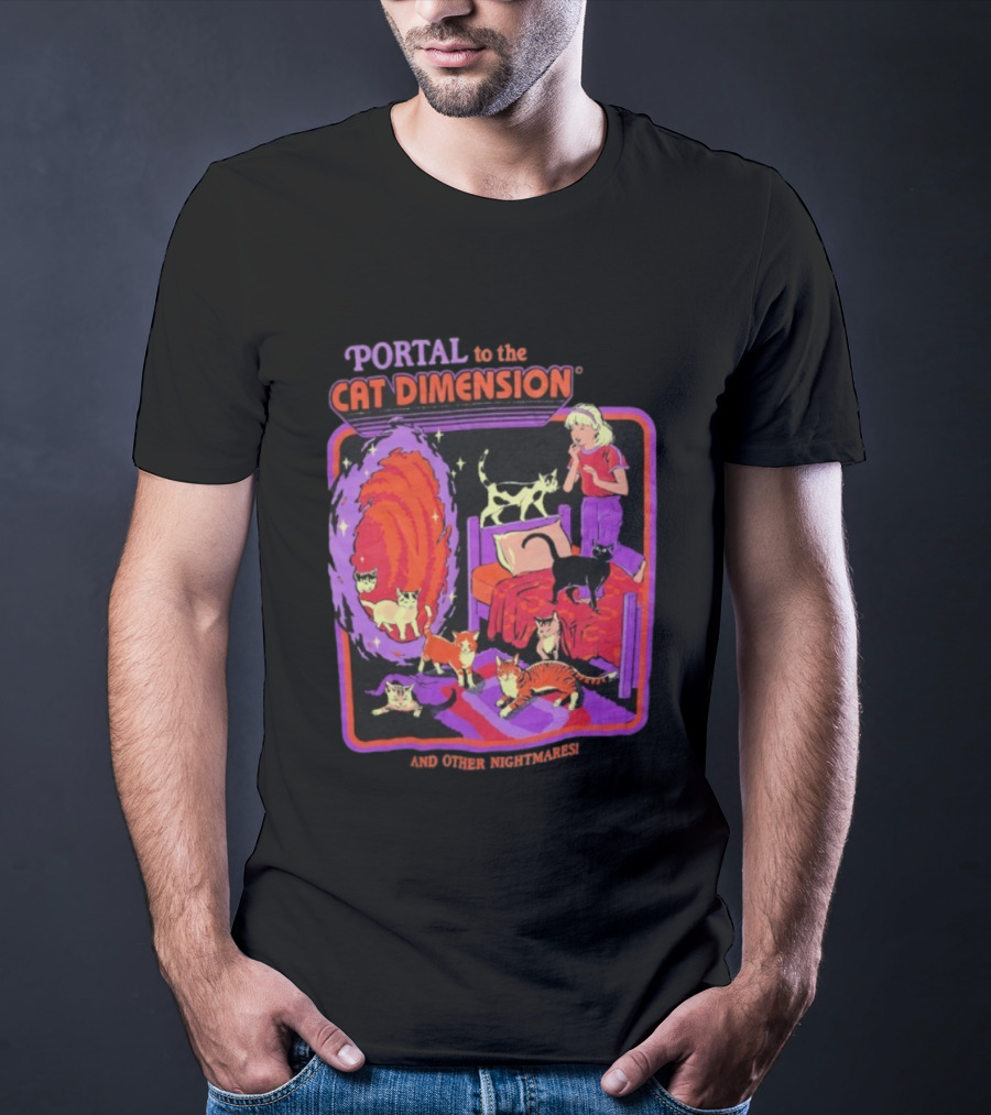 Portal To The Cat Dimension Vintage Nightmare Scene With Cats And Bed T-Shirt