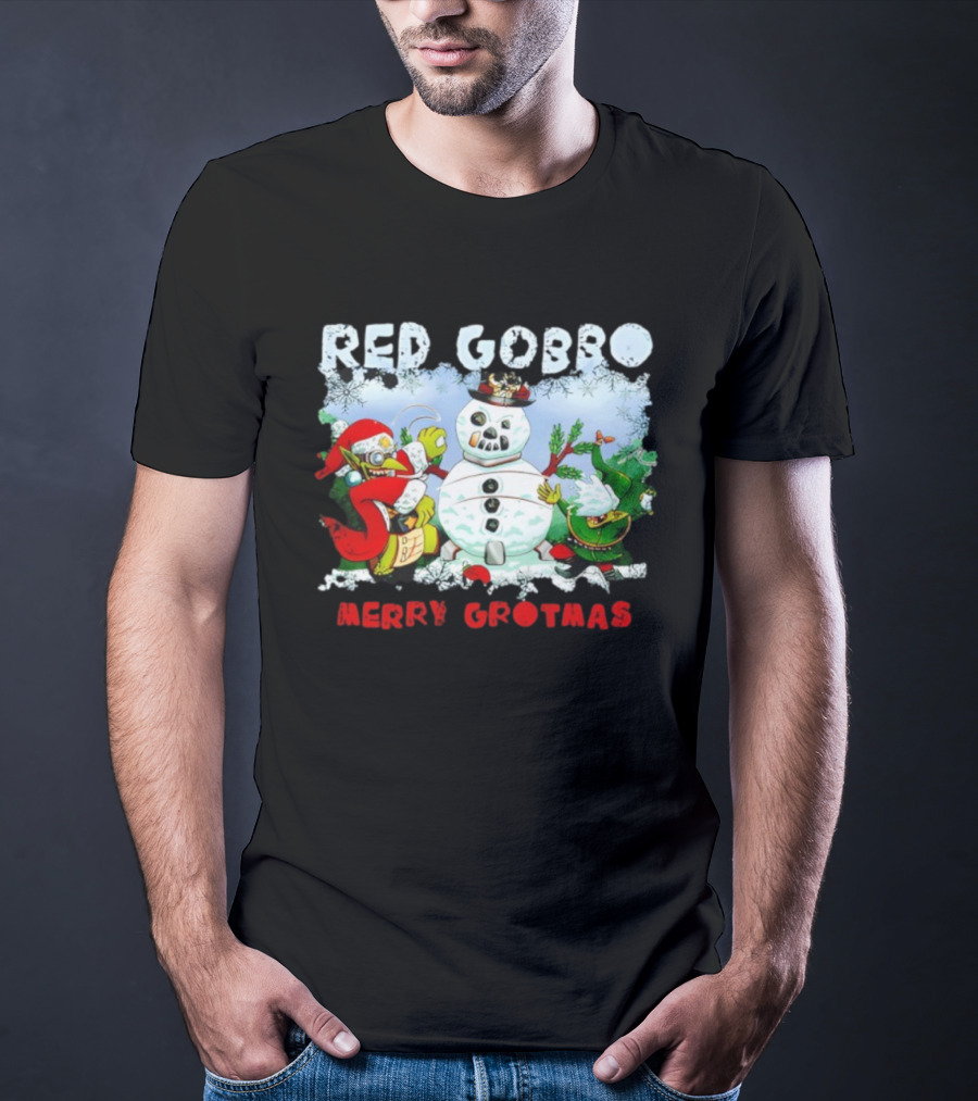 Red Gobbo Merry Grotmas Snowman Scene With Goblins Holiday Cheer T-Shirt