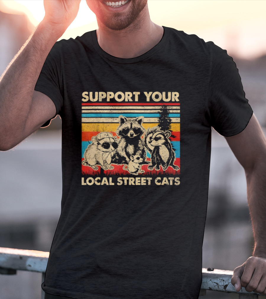 Support Your Local Street Cats Opossum Raccoon Vintage Stripes T-Shirt