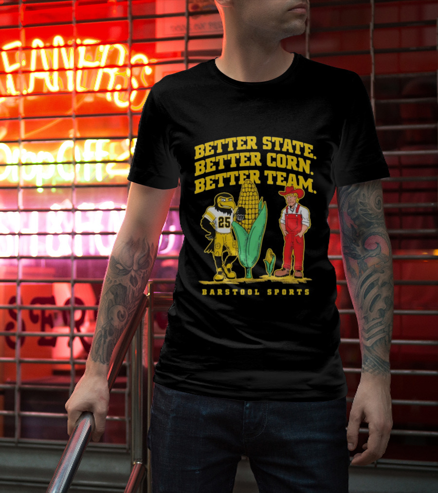 Better State Better Corn Better Team Iowa Hawkeyes Herky And Farmer T-Shirt