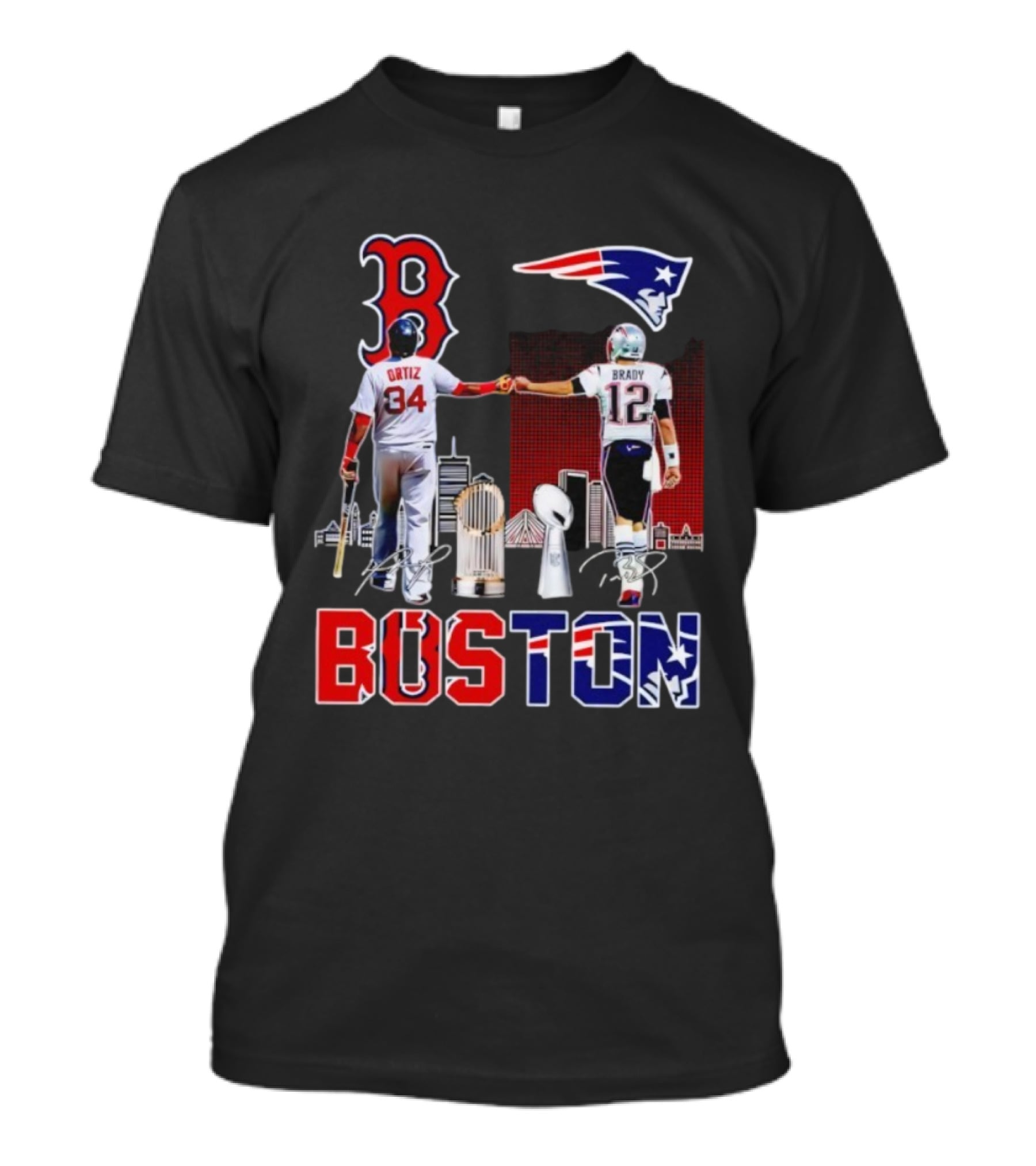 Boston Sports Ortiz Brady Signatures Patriots Red Sox Champions T-Shirt