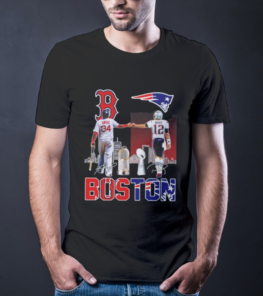 Boston Sports Ortiz Brady Signatures Patriots Red Sox Champions T-Shirt