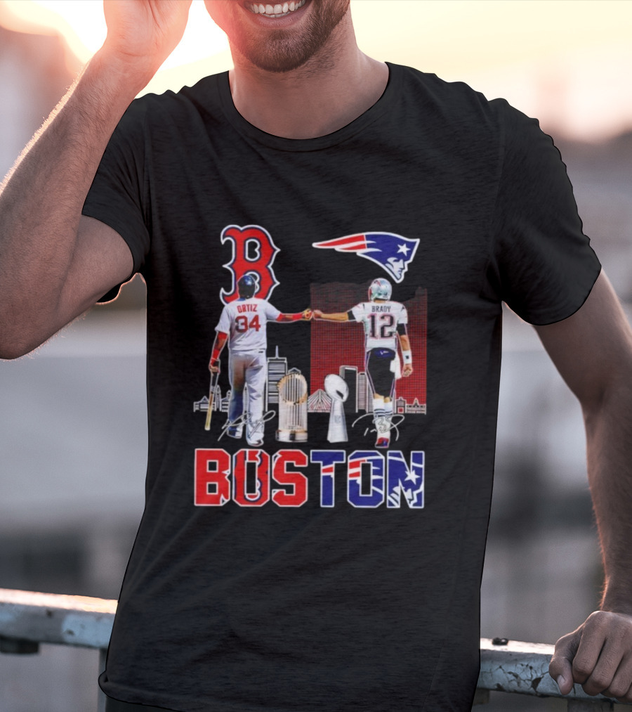 Boston Sports Ortiz Brady Signatures Patriots Red Sox Champions T-Shirt