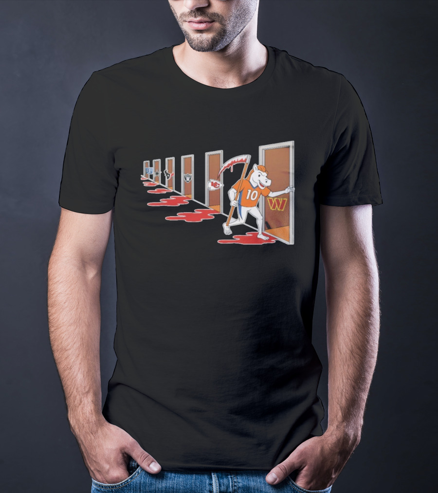 Denver Broncos Mascot With Scythe Visits NFL Rivals Giants Texans Raiders Chiefs Commanders With Bloody Doors T-Shirt