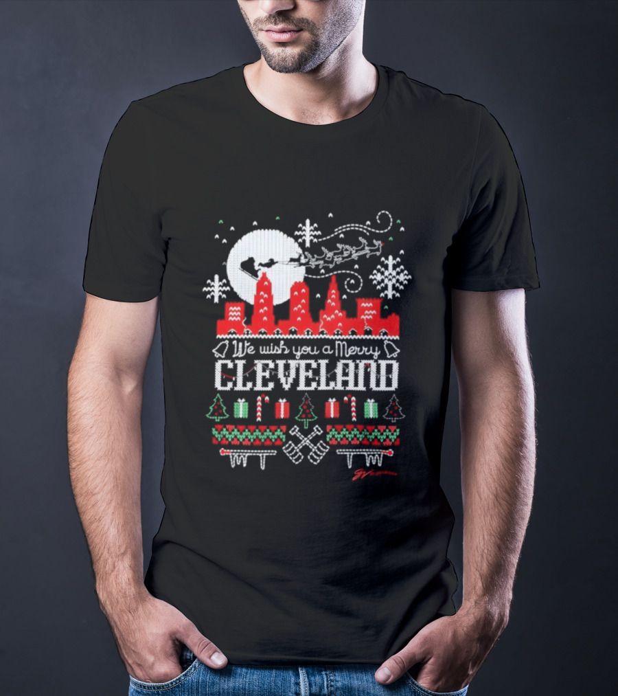 We Wish You A Merry Cleveland Christmas Skyline Santa And Gifts T-Shirt