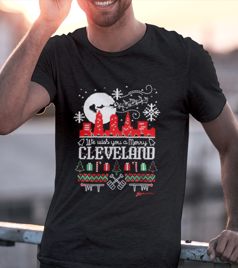 We Wish You A Merry Cleveland Christmas Skyline Santa And Gifts T-Shirt