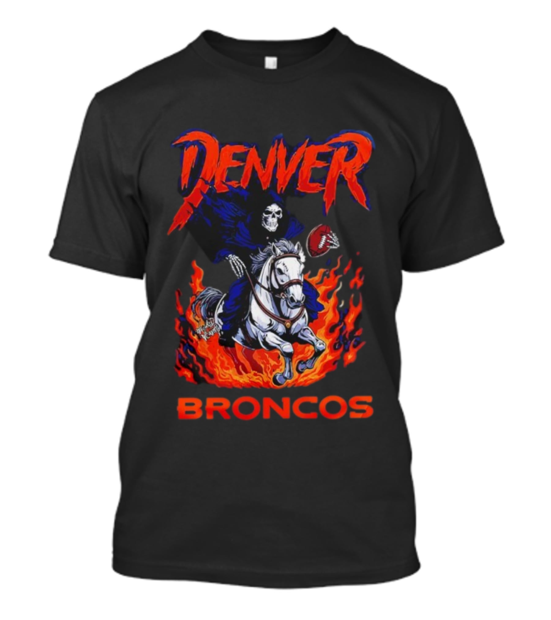 Denver Broncos Grim Reaper Skeleton Horse Football Flame Rider T-Shirt