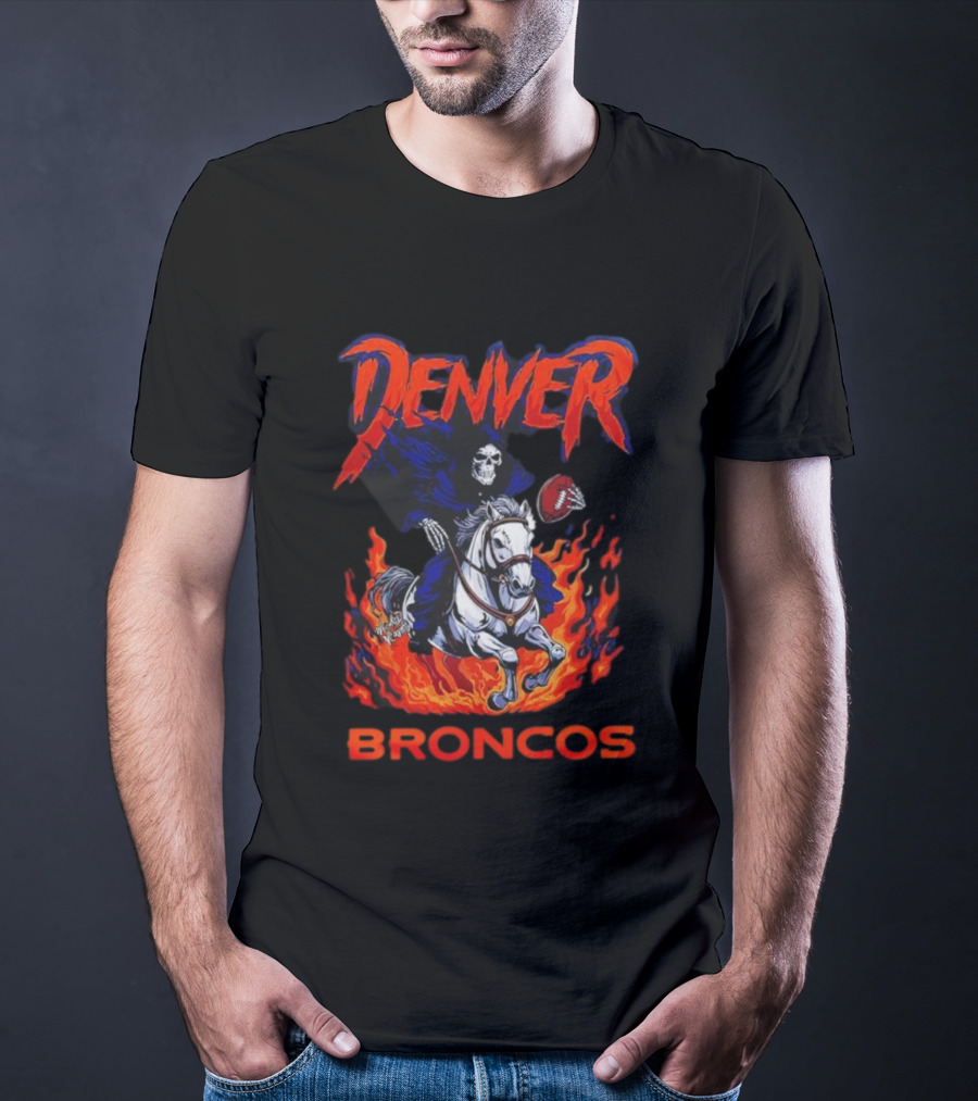 Denver Broncos Grim Reaper Skeleton Horse Football Flame Rider T-Shirt