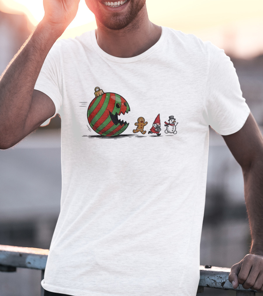 Pac-Man Christmas Gingerbread Gnome Snowman Santa Holiday Fun T-Shirt