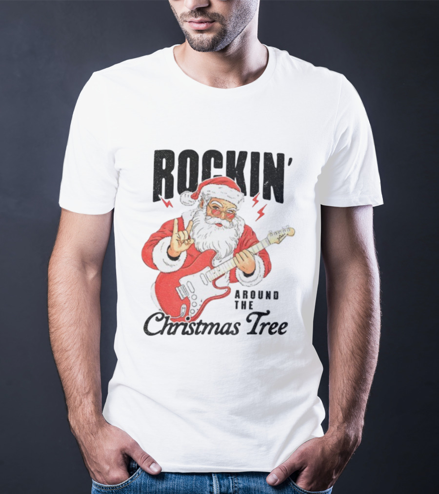 Rockin' Santa Claus Playing Guitar Around The Christmas Tree Merry Christmas T-Shirt