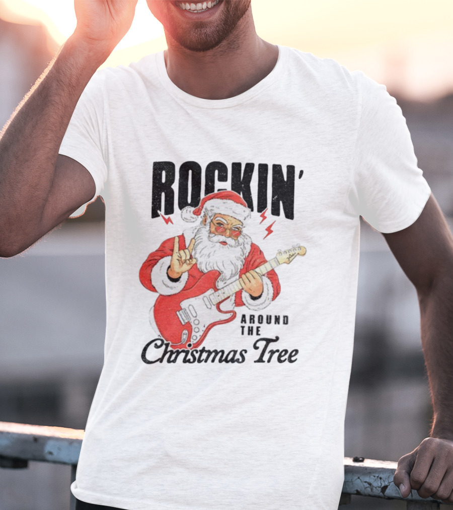 Rockin' Santa Claus Playing Guitar Around The Christmas Tree Merry Christmas T-Shirt