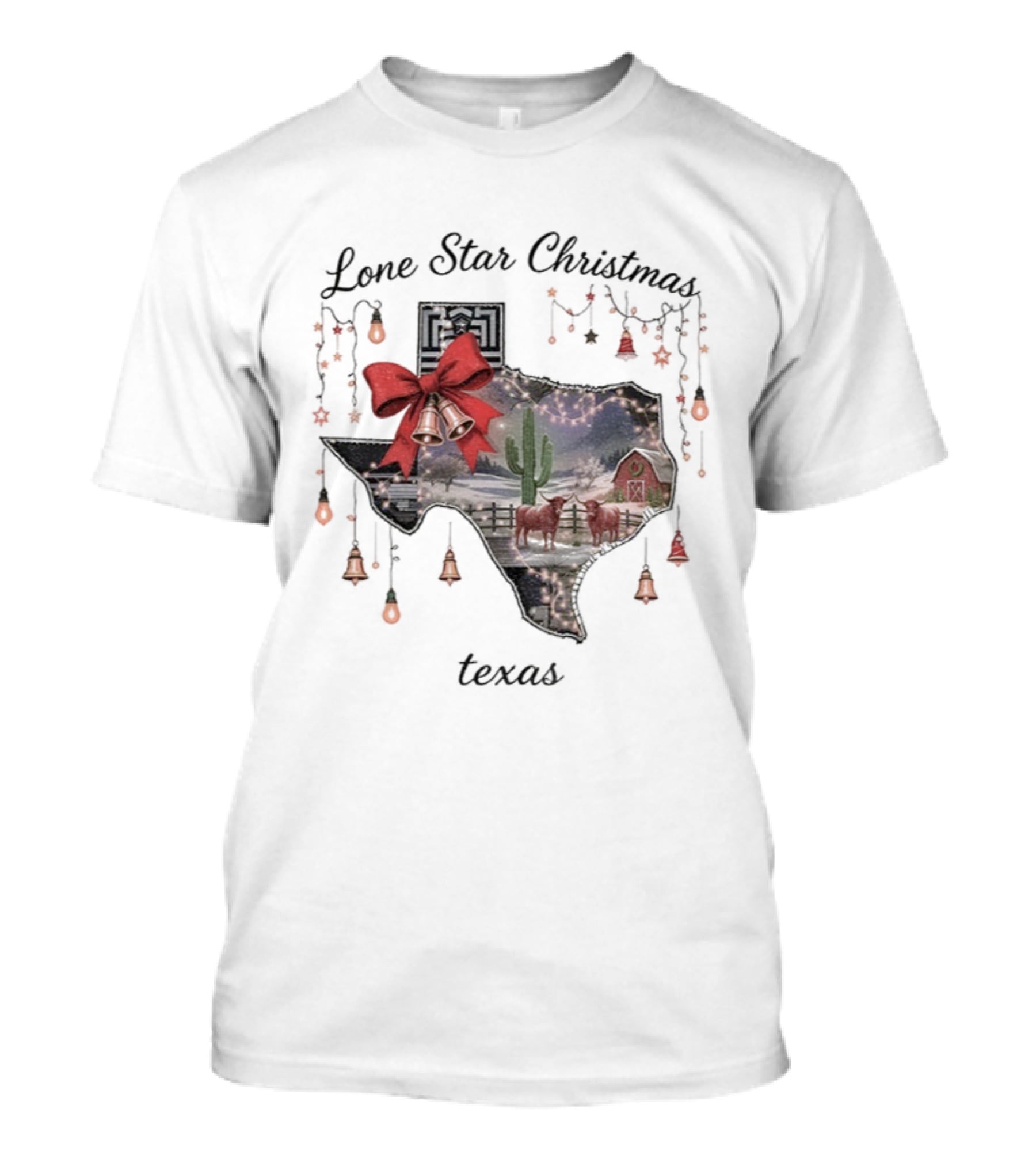 Lone Star Christmas Texas Festive Lights And Bells T-Shirt