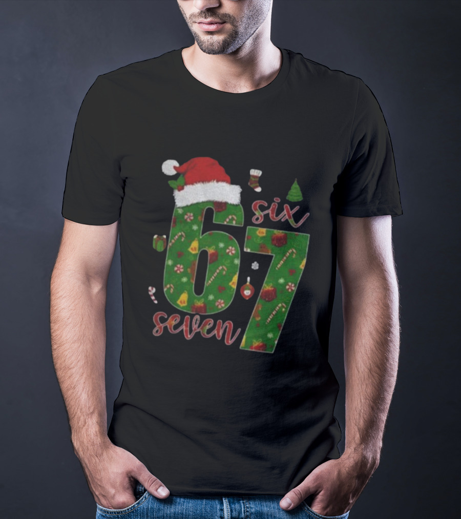 6 7 Meme Viral TikTok Trend Santa Hat Christmas Six Seven T-Shirt