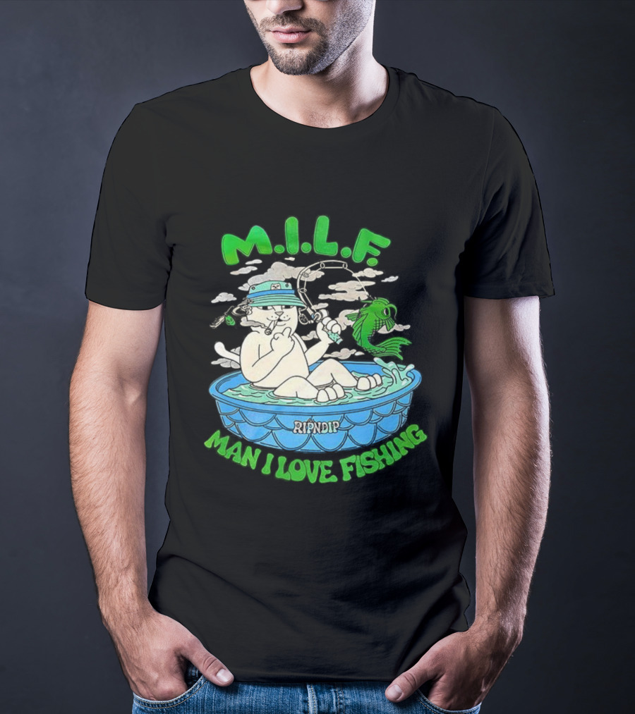M.I.L.F Man I Love Fishing Cat In Boat Fun Design T-Shirt