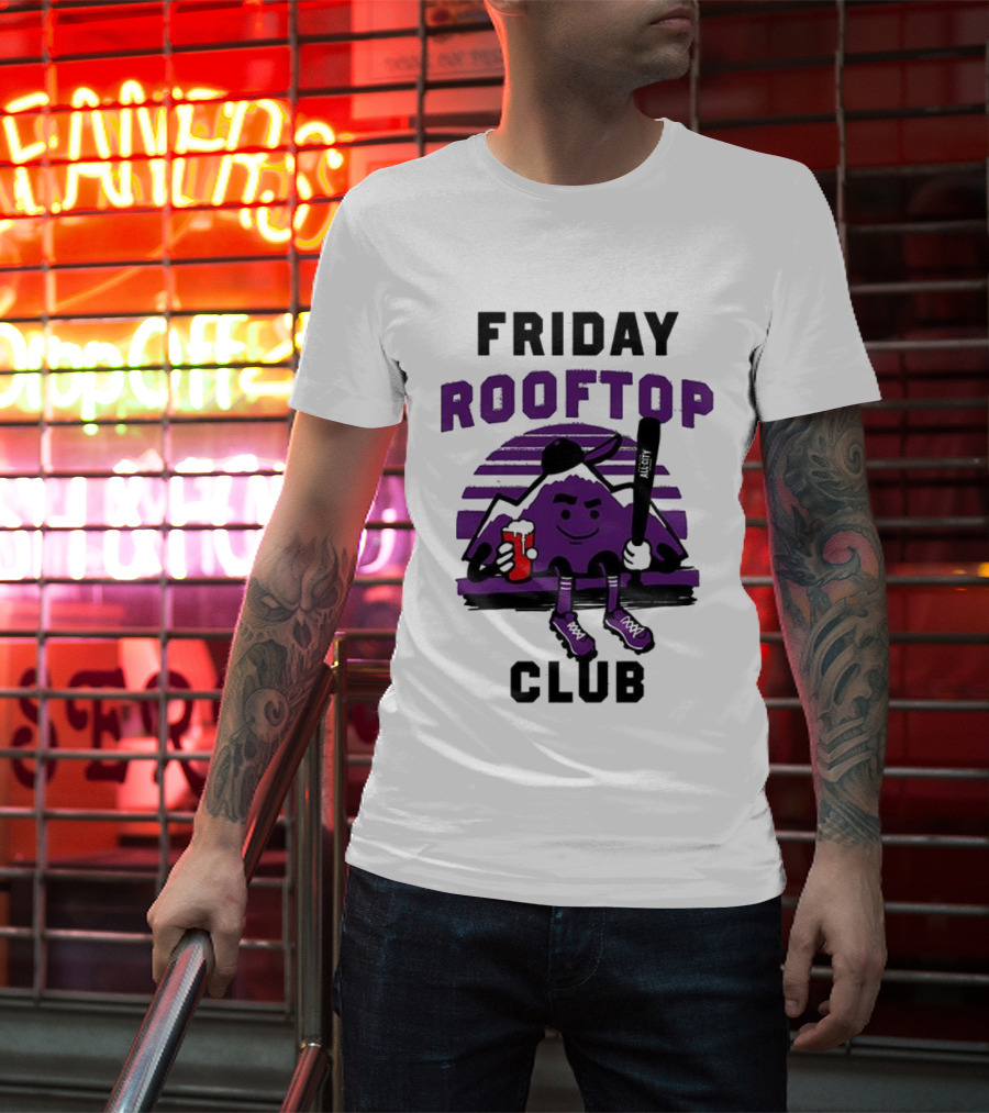 Friday Rooftop Club Colorado Rockies Playful Cartoon Baseball Bat Drink T-Shirt