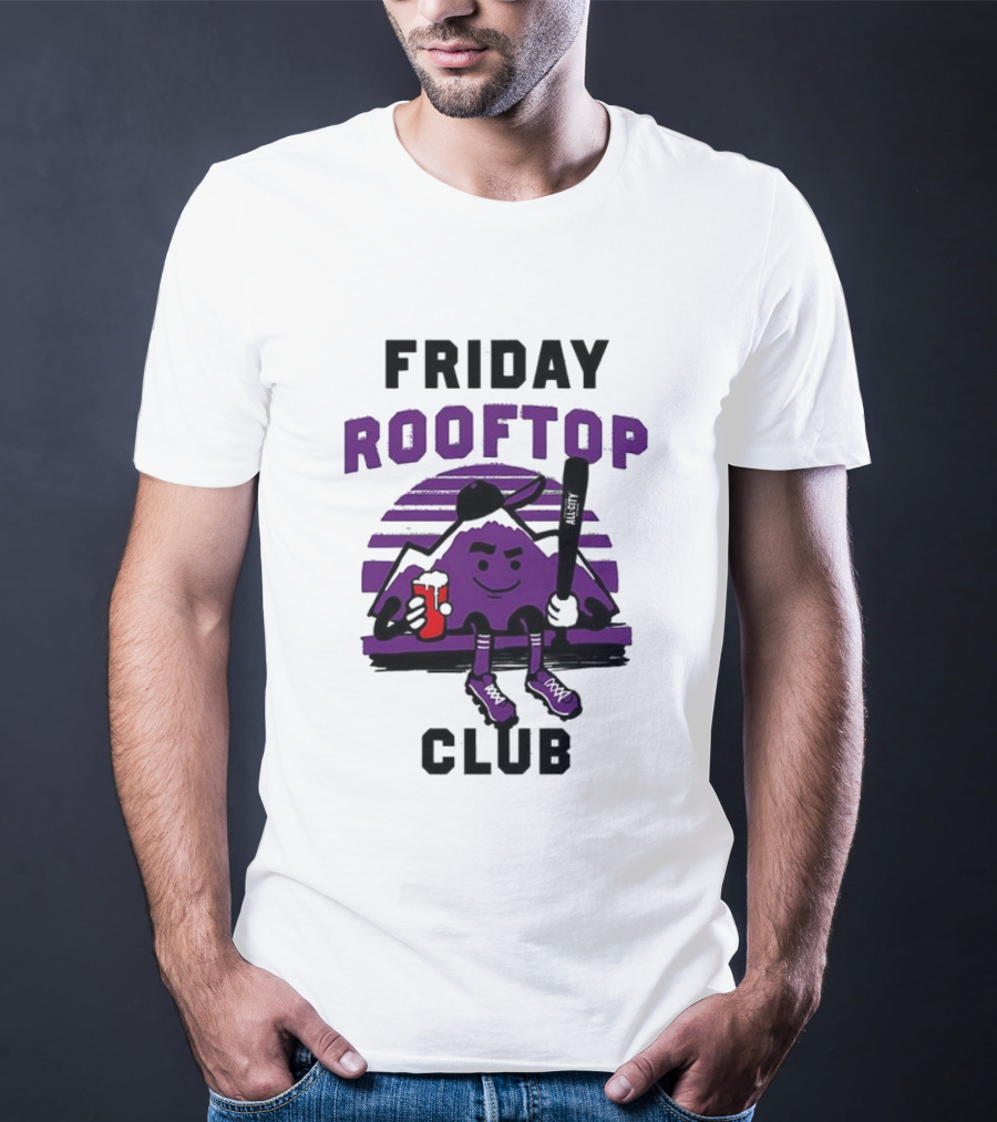 Friday Rooftop Club Colorado Rockies Playful Cartoon Baseball Bat Drink T-Shirt