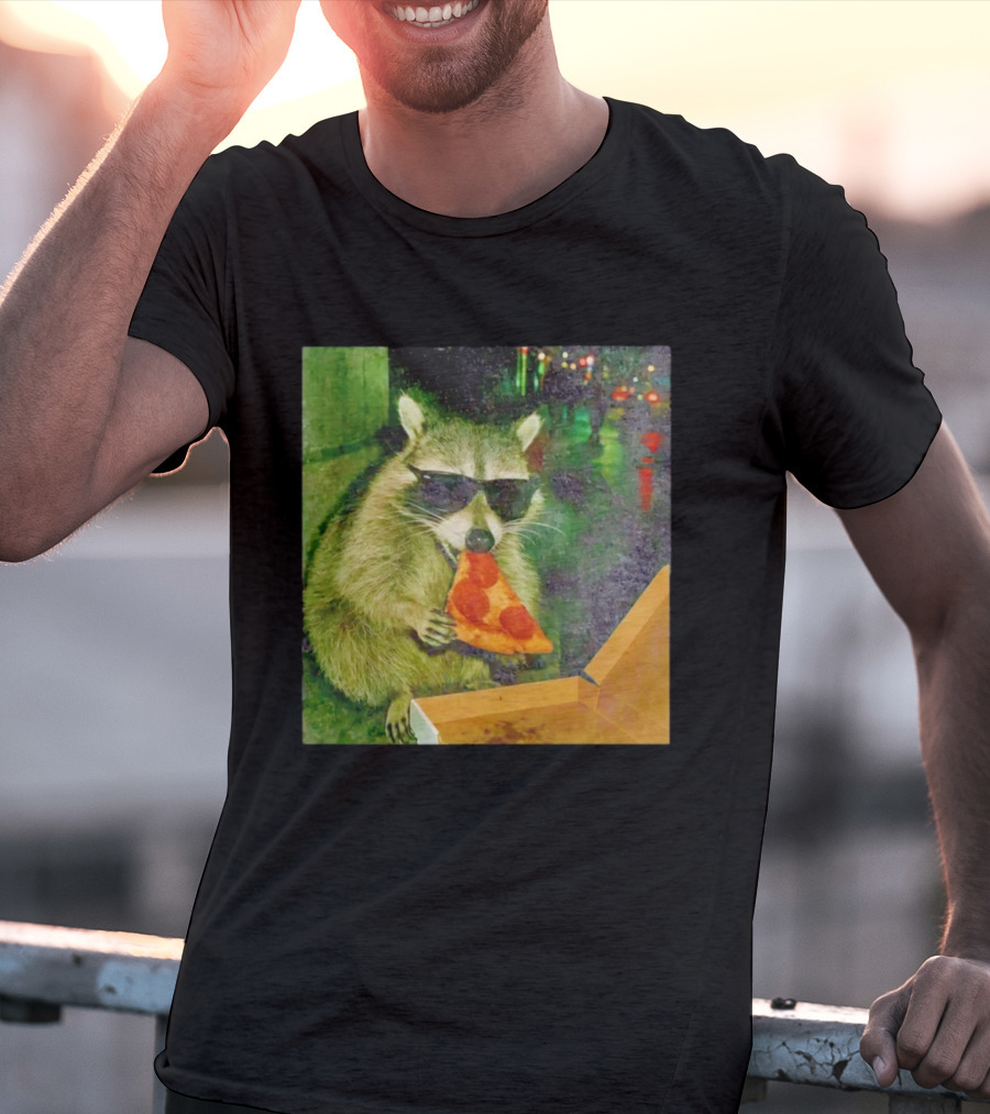 Raccoon Wearing Sunglasses Eating Pepperoni Pizza T-Shirt