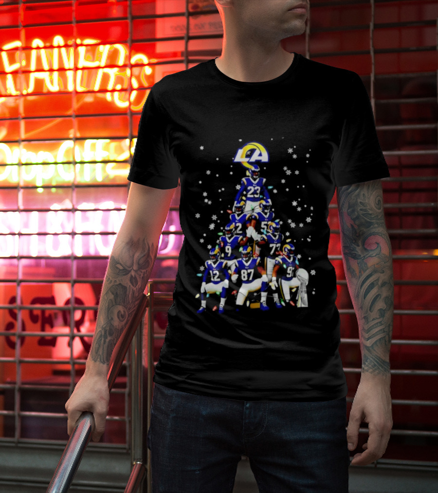 Los Angeles Rams Super Bowl Trophy Christmas Tree Player Formation T-Shirt